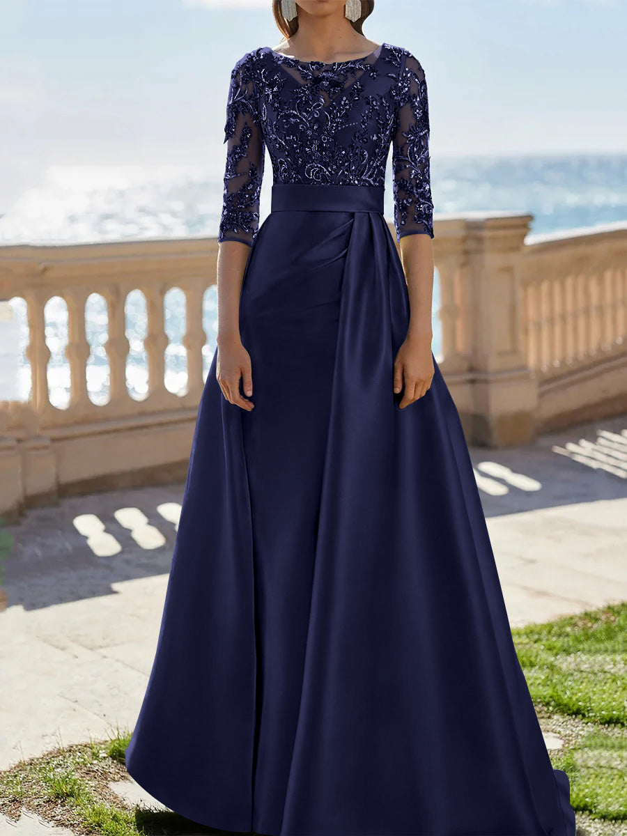 A-Line/Princess Scoop Satin Evening Dresses Half Sleeves Floor-Length Lace Party Dresses