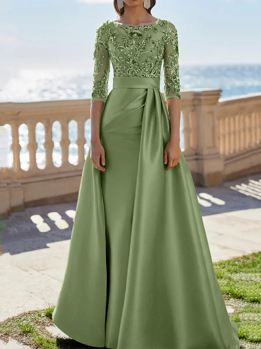A-Line/Princess Scoop Satin Evening Dresses Half Sleeves Floor-Length Lace Party Dresses