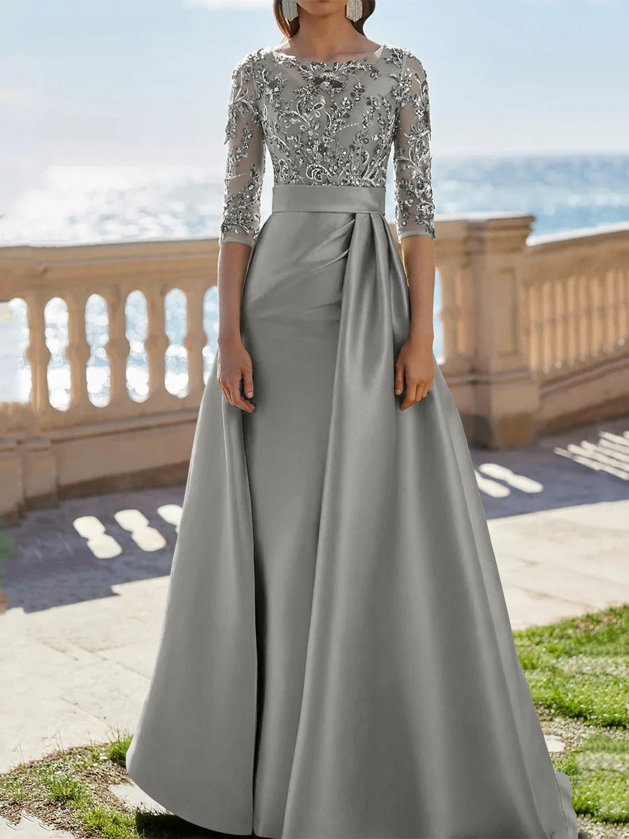 A-Line/Princess Scoop Satin Evening Dresses Half Sleeves Floor-Length Lace Party Dresses