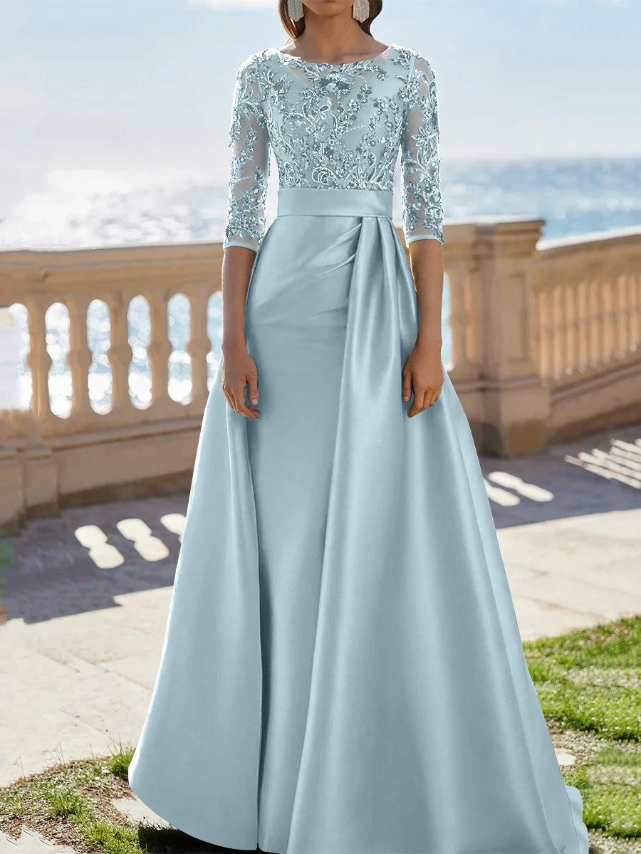 A-Line/Princess Scoop Satin Evening Dresses Half Sleeves Floor-Length Lace Party Dresses