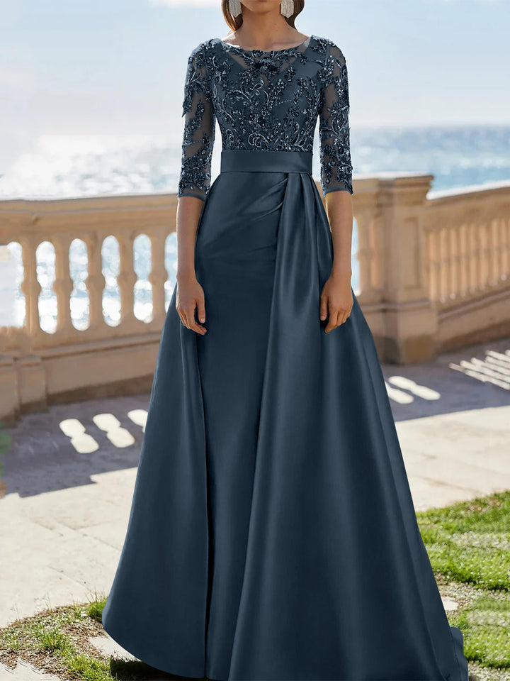 A-Line/Princess Scoop Satin Evening Dresses Half Sleeves Floor-Length Lace Party Dresses