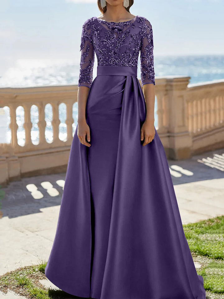 A-Line/Princess Scoop Satin Evening Dresses Half Sleeves Floor-Length Lace Party Dresses