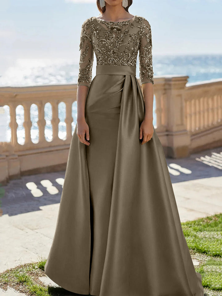 A-Line/Princess Scoop Satin Evening Dresses Half Sleeves Floor-Length Lace Party Dresses