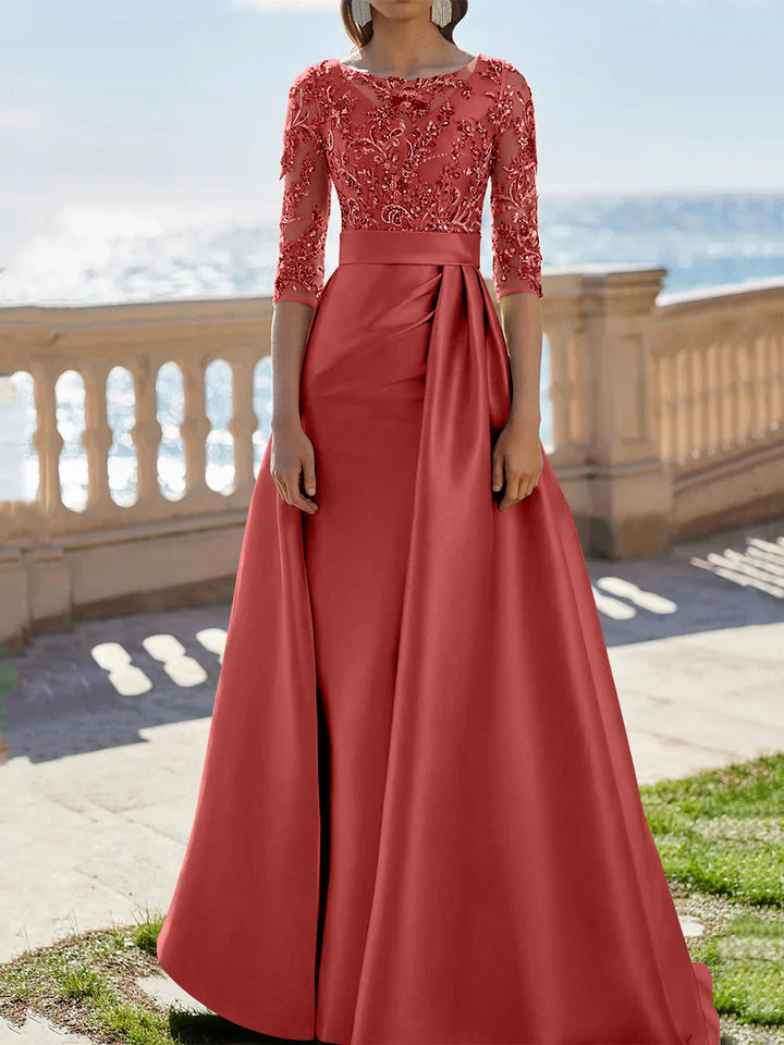 A-Line/Princess Scoop Satin Evening Dresses Half Sleeves Floor-Length Lace Party Dresses
