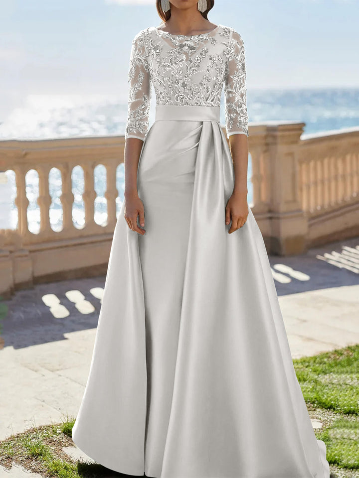 A-Line/Princess Scoop Satin Evening Dresses Half Sleeves Floor-Length Lace Party Dresses