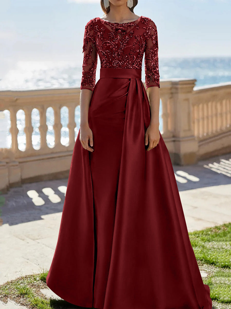 A-Line/Princess Scoop Satin Evening Dresses Half Sleeves Floor-Length Lace Party Dresses