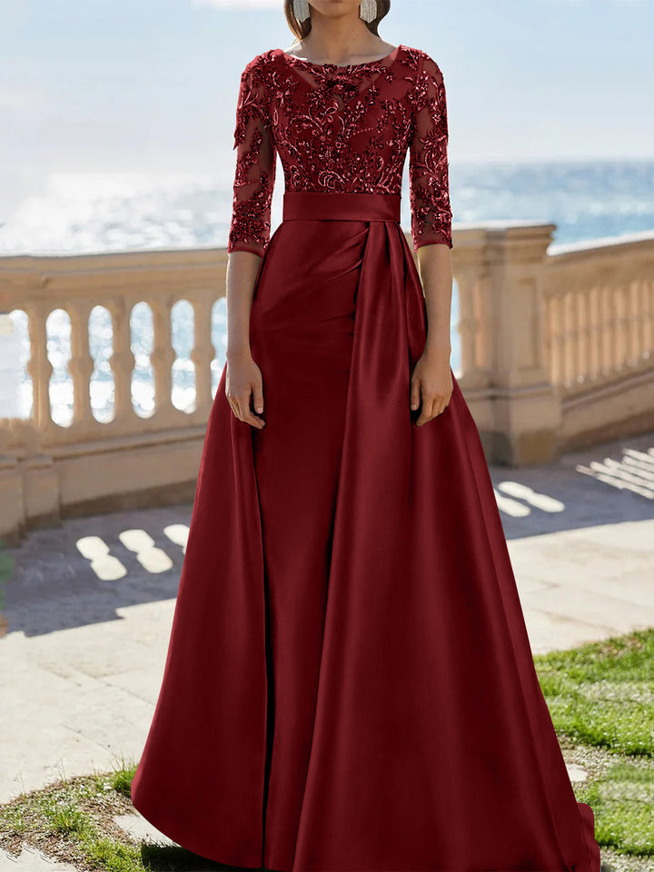 A-Line/Princess Scoop Satin Evening Dresses Half Sleeves Floor-Length Lace Party Dresses