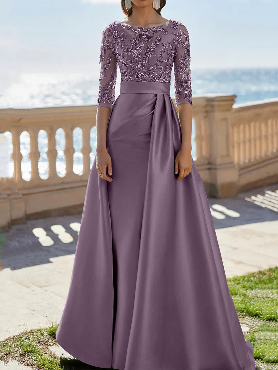 A-Line/Princess Scoop Satin Evening Dresses Half Sleeves Floor-Length Lace Party Dresses