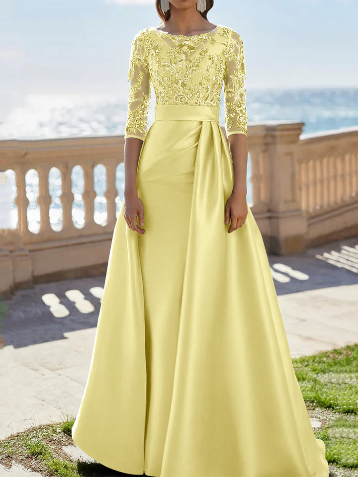 A-Line/Princess Scoop Satin Evening Dresses Half Sleeves Floor-Length Lace Party Dresses