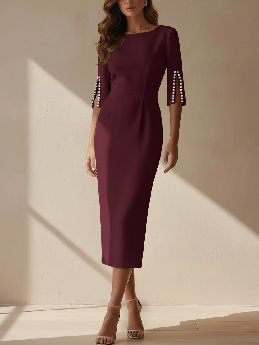 Sheath/Column Scoop Stretch Satin Cocktail Dresses Tea-Length Half Sleeves Formal Dress