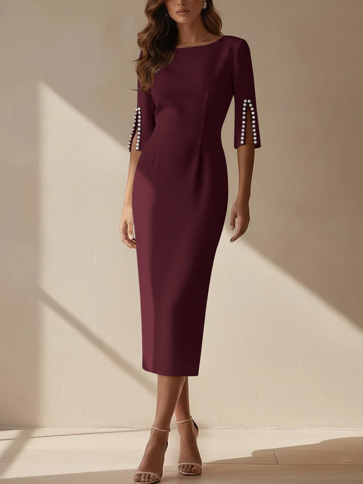 Sheath/Column Scoop Stretch Satin Cocktail Dresses Tea-Length Half Sleeves Formal Dress