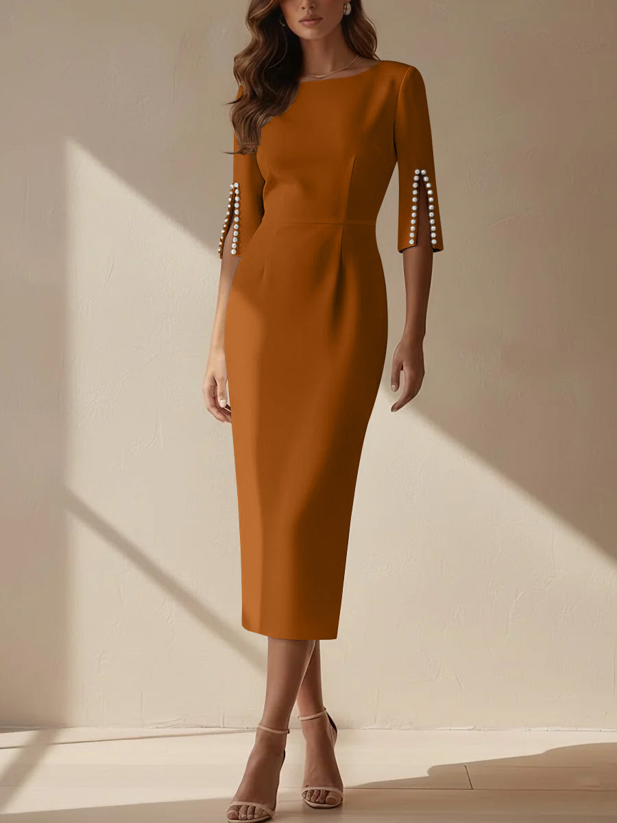Sheath/Column Scoop Stretch Satin Cocktail Dresses Tea-Length Half Sleeves Formal Dress