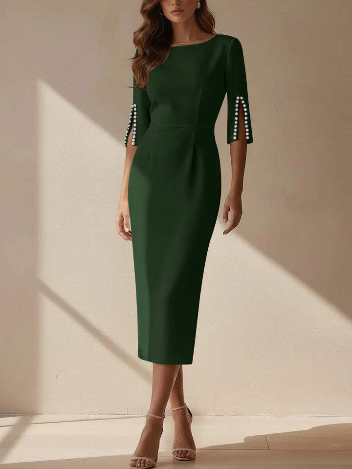 Sheath/Column Scoop Stretch Satin Cocktail Dresses Tea-Length Half Sleeves Formal Dress