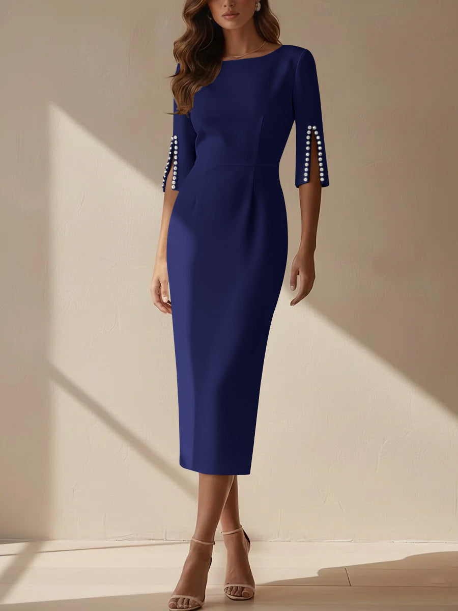 Sheath/Column Scoop Stretch Satin Cocktail Dresses Tea-Length Half Sleeves Formal Dress