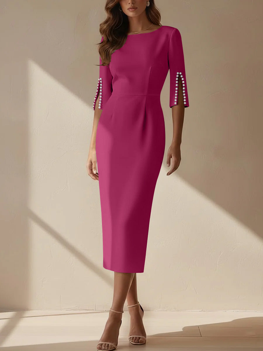 Sheath/Column Scoop Stretch Satin Cocktail Dresses Tea-Length Half Sleeves Formal Dress