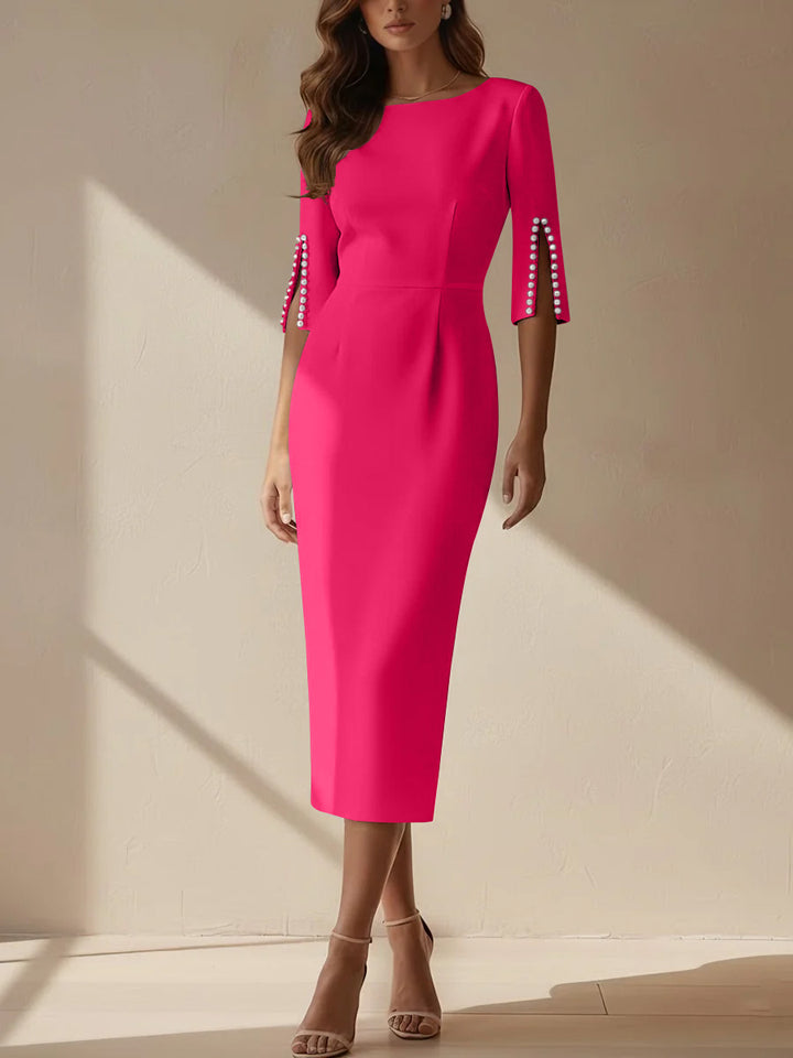 Sheath/Column Scoop Stretch Satin Cocktail Dresses Tea-Length Half Sleeves Formal Dress