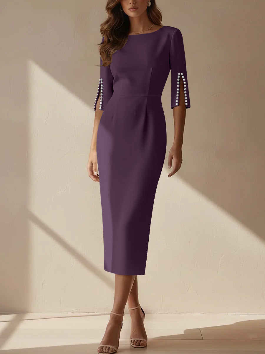 Sheath/Column Scoop Stretch Satin Cocktail Dresses Tea-Length Half Sleeves Formal Dress