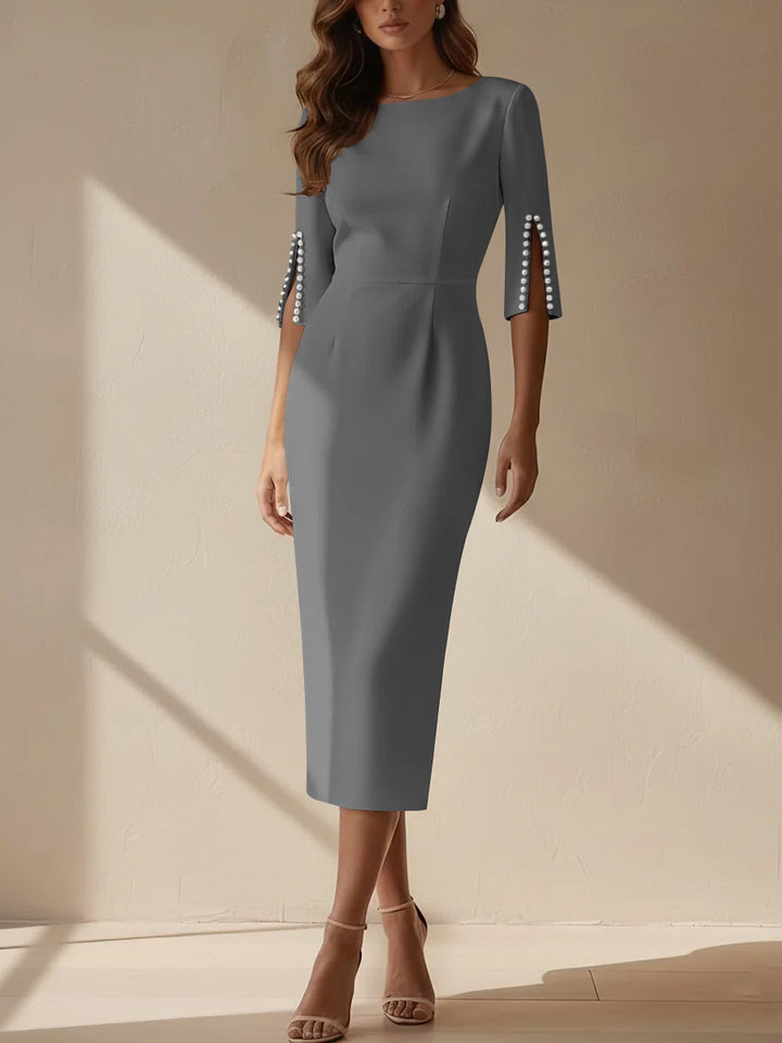 Sheath/Column Scoop Stretch Satin Cocktail Dresses Tea-Length Half Sleeves Formal Dress