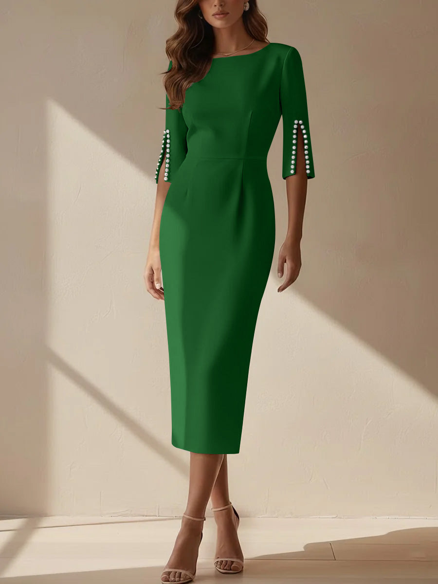 Sheath/Column Scoop Stretch Satin Cocktail Dresses Tea-Length Half Sleeves Formal Dress