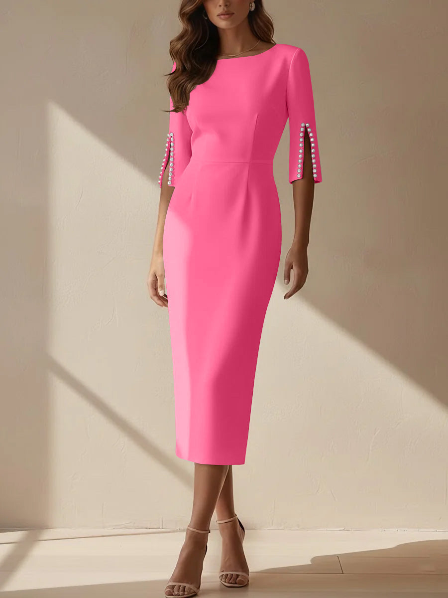 Sheath/Column Scoop Stretch Satin Cocktail Dresses Tea-Length Half Sleeves Formal Dress