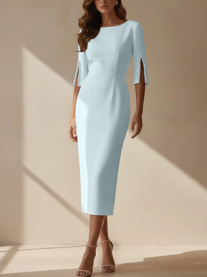 Sheath/Column Scoop Stretch Satin Cocktail Dresses Tea-Length Half Sleeves Formal Dress