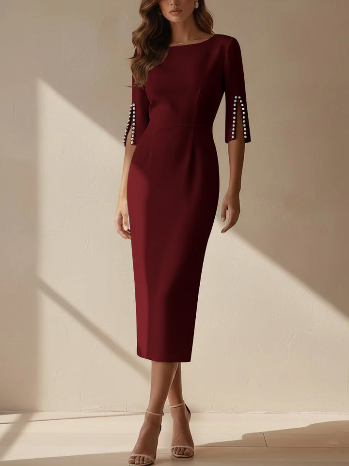 Sheath/Column Scoop Stretch Satin Cocktail Dresses Tea-Length Half Sleeves Formal Dress
