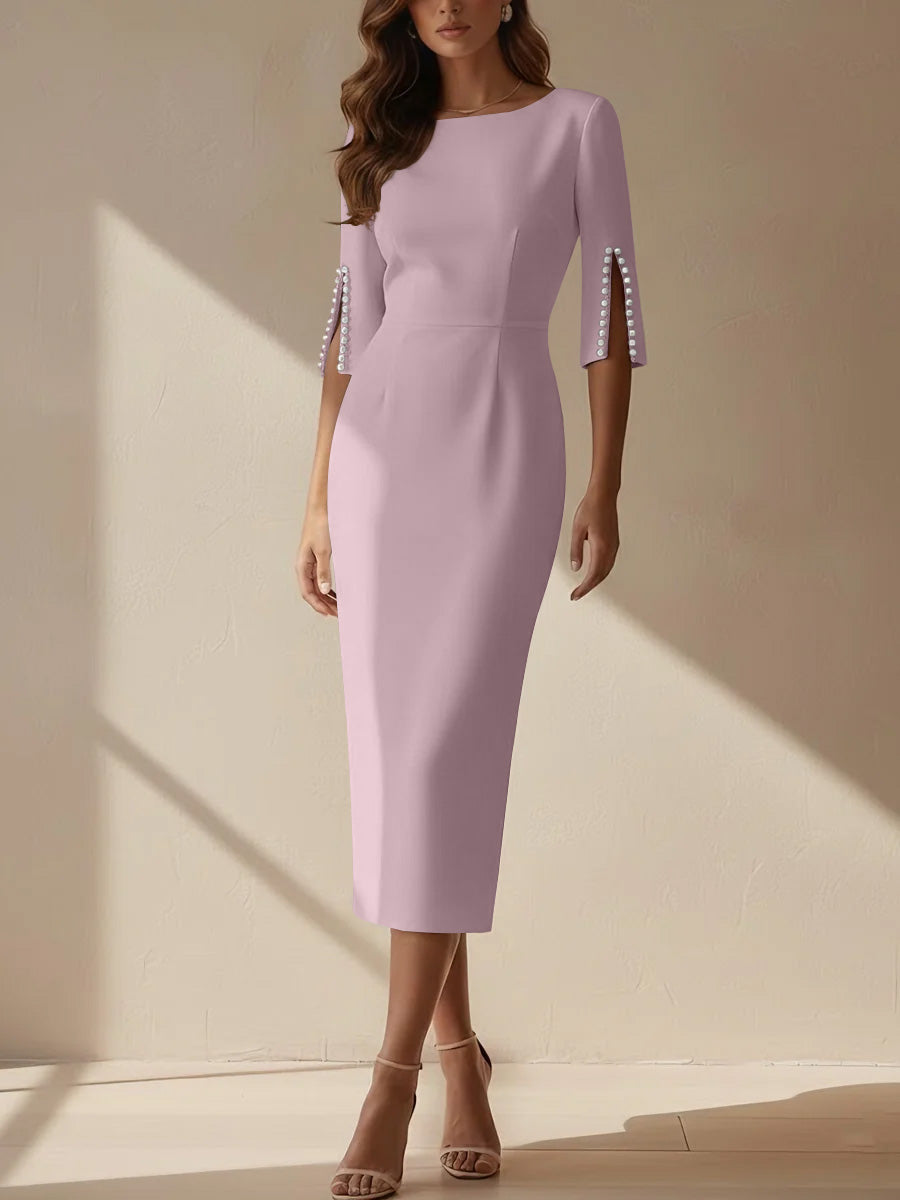Sheath/Column Scoop Stretch Satin Cocktail Dresses Tea-Length Half Sleeves Formal Dress
