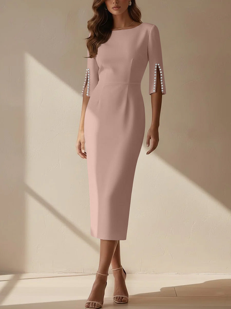 Sheath/Column Scoop Stretch Satin Cocktail Dresses Tea-Length Half Sleeves Formal Dress Peacock
