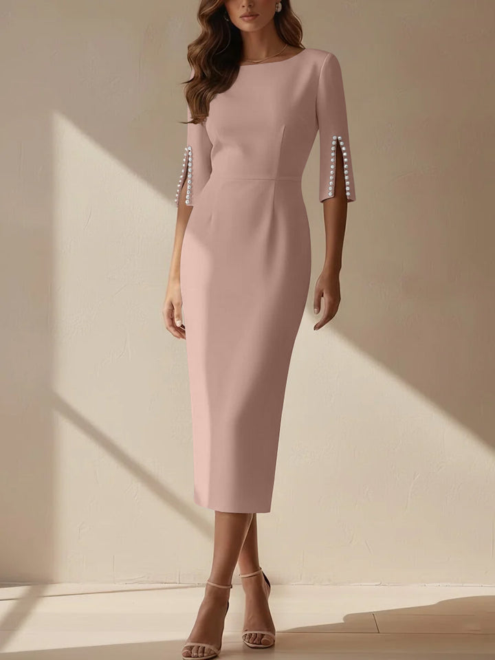 Sheath/Column Scoop Stretch Satin Cocktail Dresses Tea-Length Half Sleeves Formal Dress
