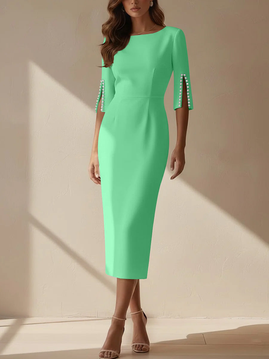 Sheath/Column Scoop Stretch Satin Cocktail Dresses Tea-Length Half Sleeves Formal Dress Mint Green Sheath/Column Scoop Stretch Satin Cocktail Dresses Tea-Length Half Sleeves Formal Dress Mint Green