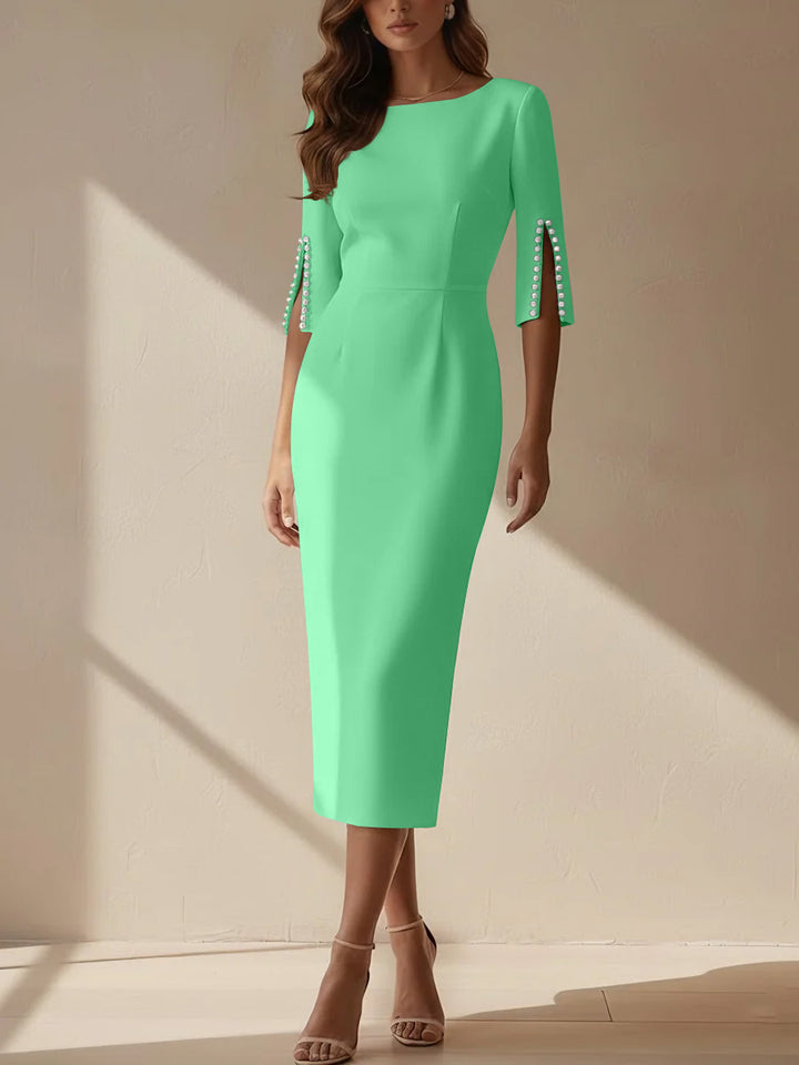 Sheath/Column Scoop Stretch Satin Cocktail Dresses Tea-Length Half Sleeves Formal Dress