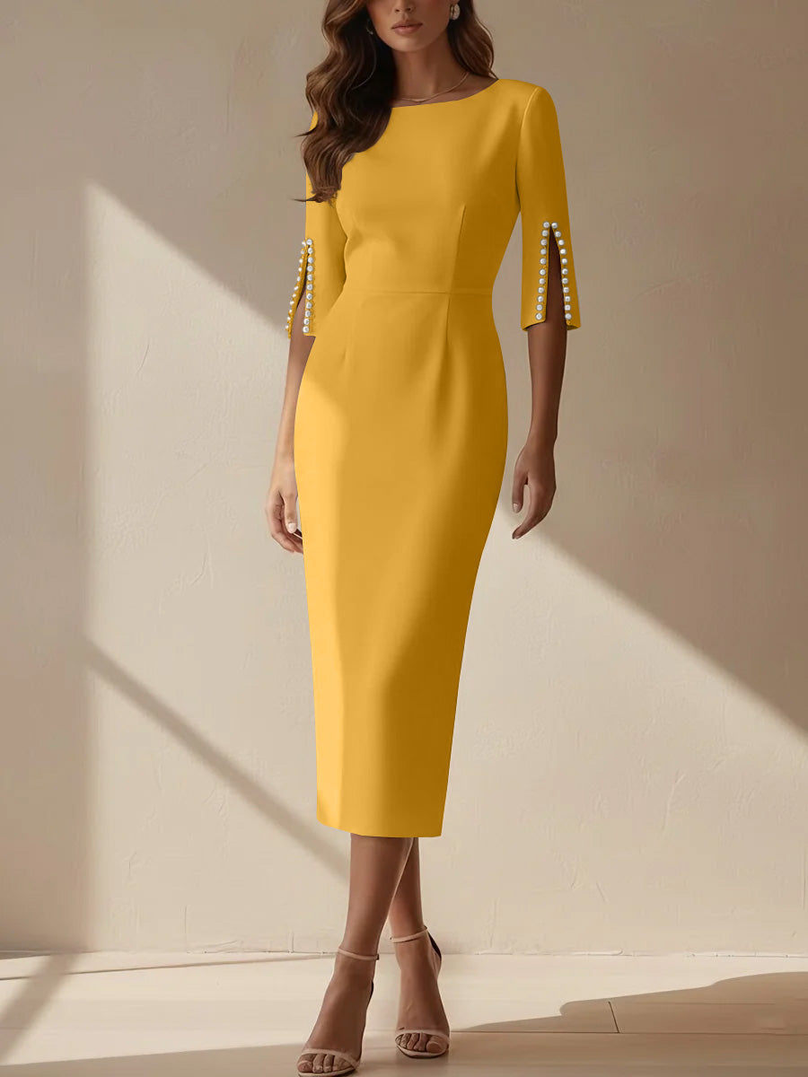 Sheath/Column Scoop Stretch Satin Cocktail Dresses Tea-Length Half Sleeves Formal Dress