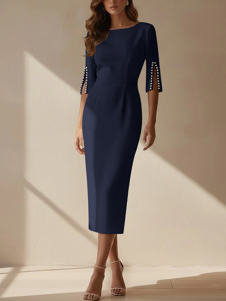 Sheath/Column Scoop Stretch Satin Cocktail Dresses Tea-Length Half Sleeves Formal Dress