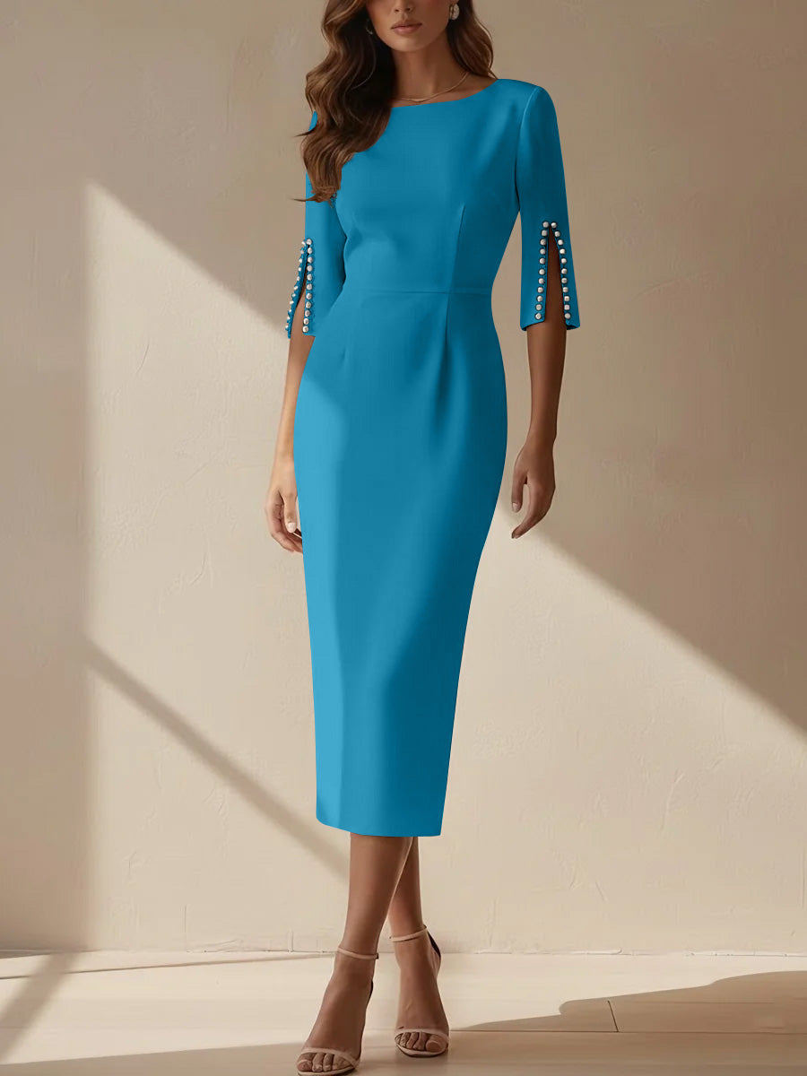 Sheath/Column Scoop Stretch Satin Cocktail Dresses Tea-Length Half Sleeves Formal Dress
