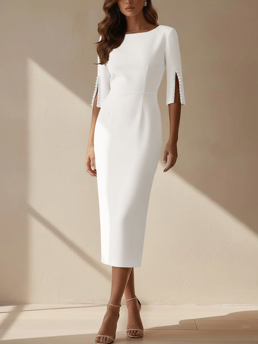 Sheath/Column Scoop Stretch Satin Cocktail Dresses Tea-Length Half Sleeves Formal Dress Peacock