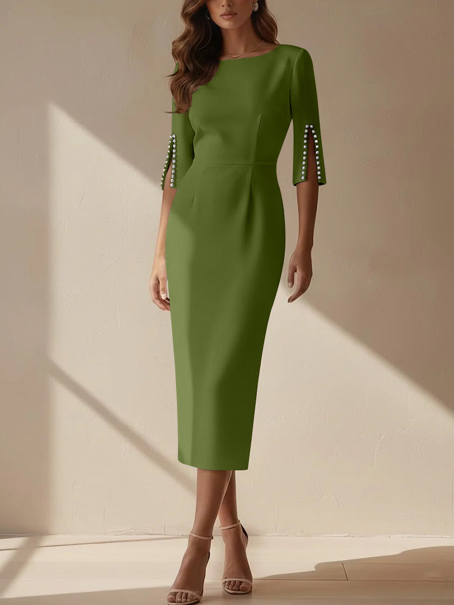 Sheath/Column Scoop Stretch Satin Cocktail Dresses Tea-Length Half Sleeves Formal Dress