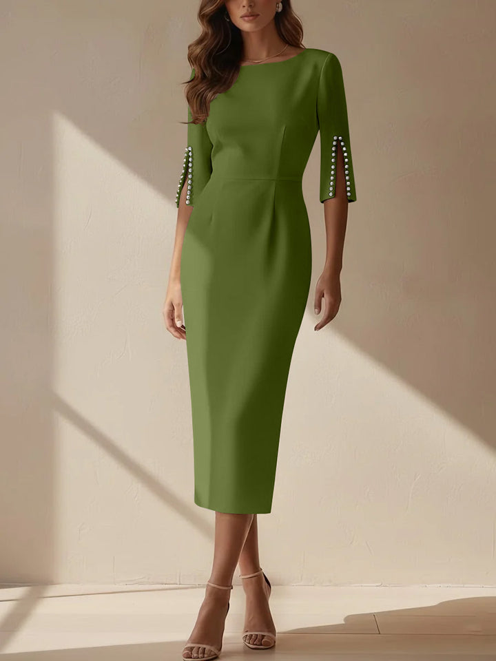 Sheath/Column Scoop Stretch Satin Cocktail Dresses Tea-Length Half Sleeves Formal Dress