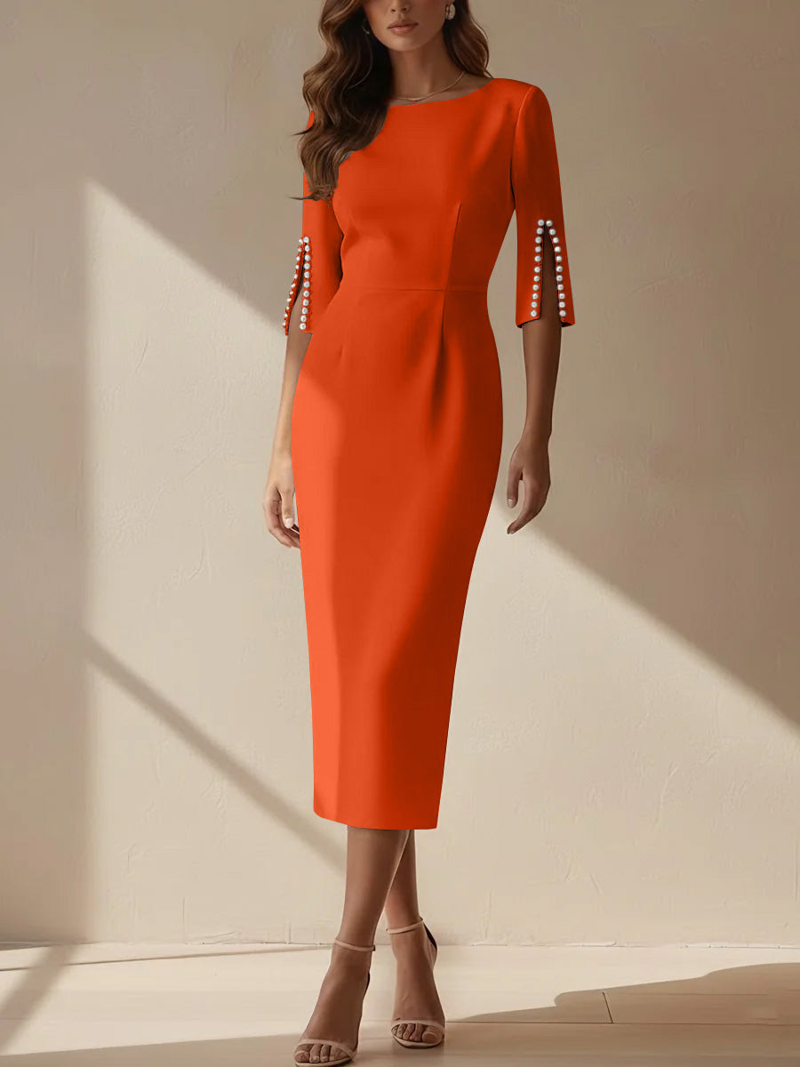 Sheath/Column Scoop Stretch Satin Cocktail Dresses Tea-Length Half Sleeves Formal Dress