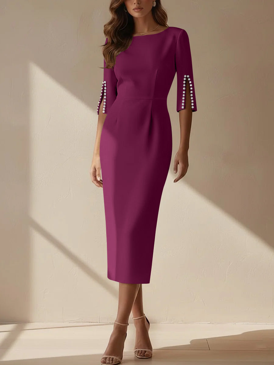 Sheath/Column Scoop Stretch Satin Cocktail Dresses Tea-Length Half Sleeves Formal Dress