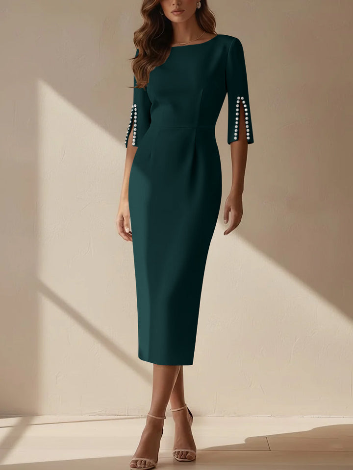 Sheath/Column Scoop Stretch Satin Cocktail Dresses Tea-Length Half Sleeves Formal Dress