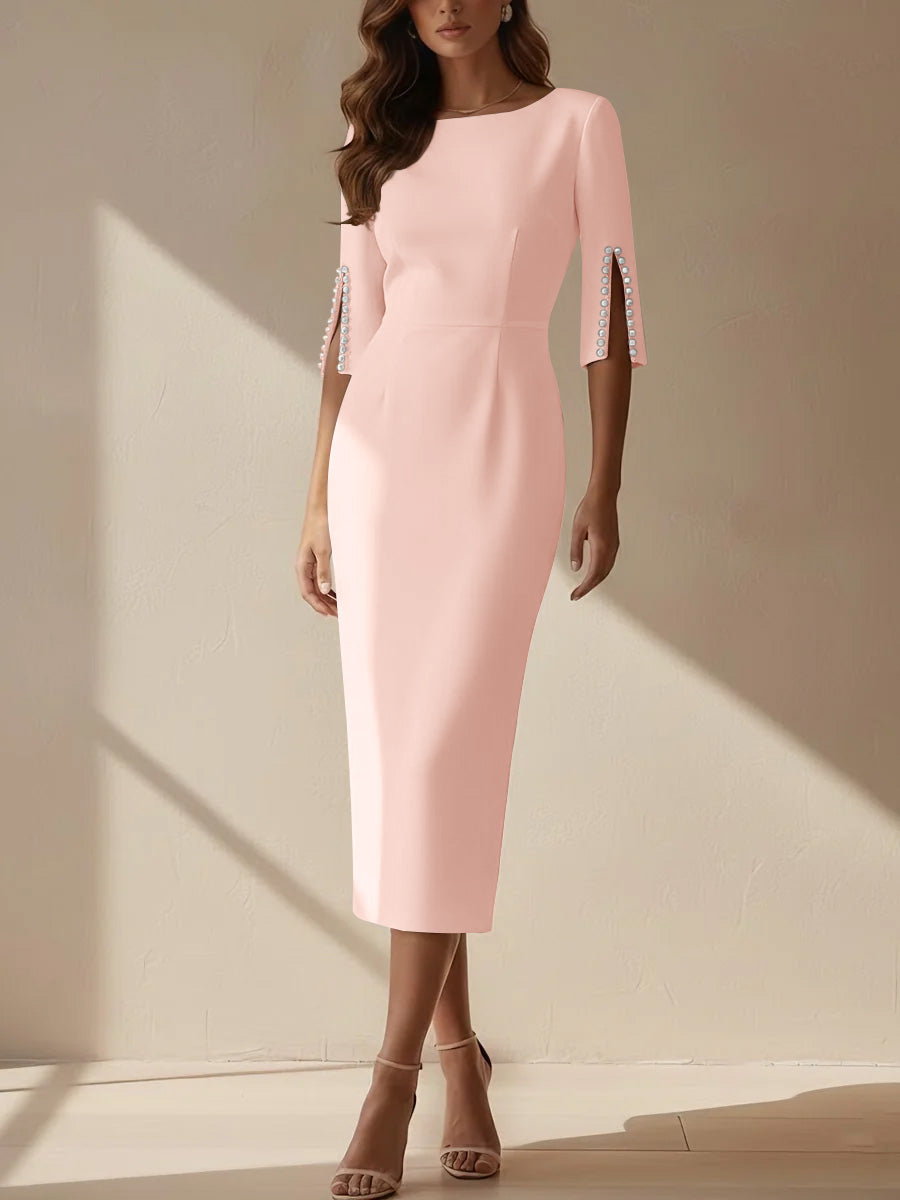 Sheath/Column Scoop Stretch Satin Cocktail Dresses Tea-Length Half Sleeves Formal Dress