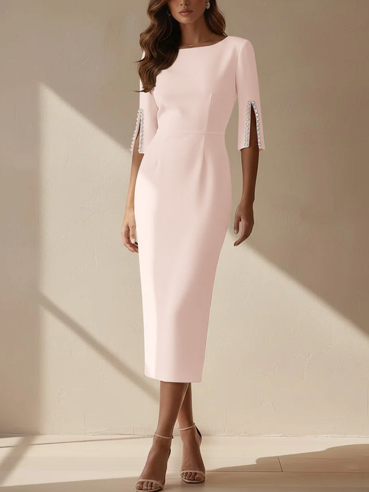 Sheath/Column Scoop Stretch Satin Cocktail Dresses Tea-Length Half Sleeves Formal Dress