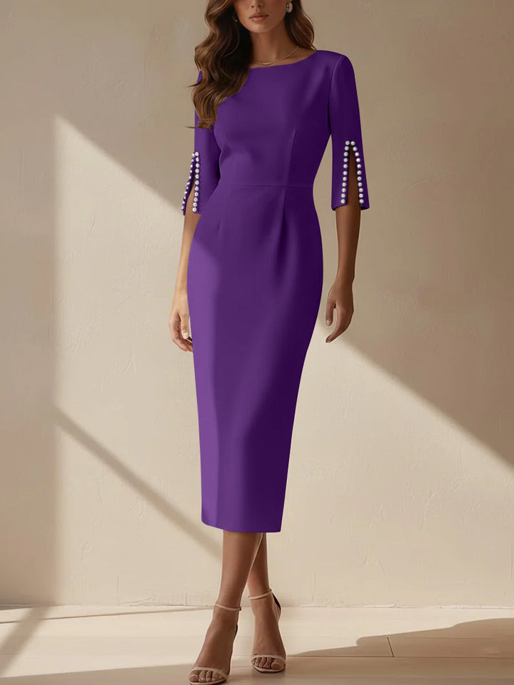 Sheath/Column Scoop Stretch Satin Cocktail Dresses Tea-Length Half Sleeves Formal Dress