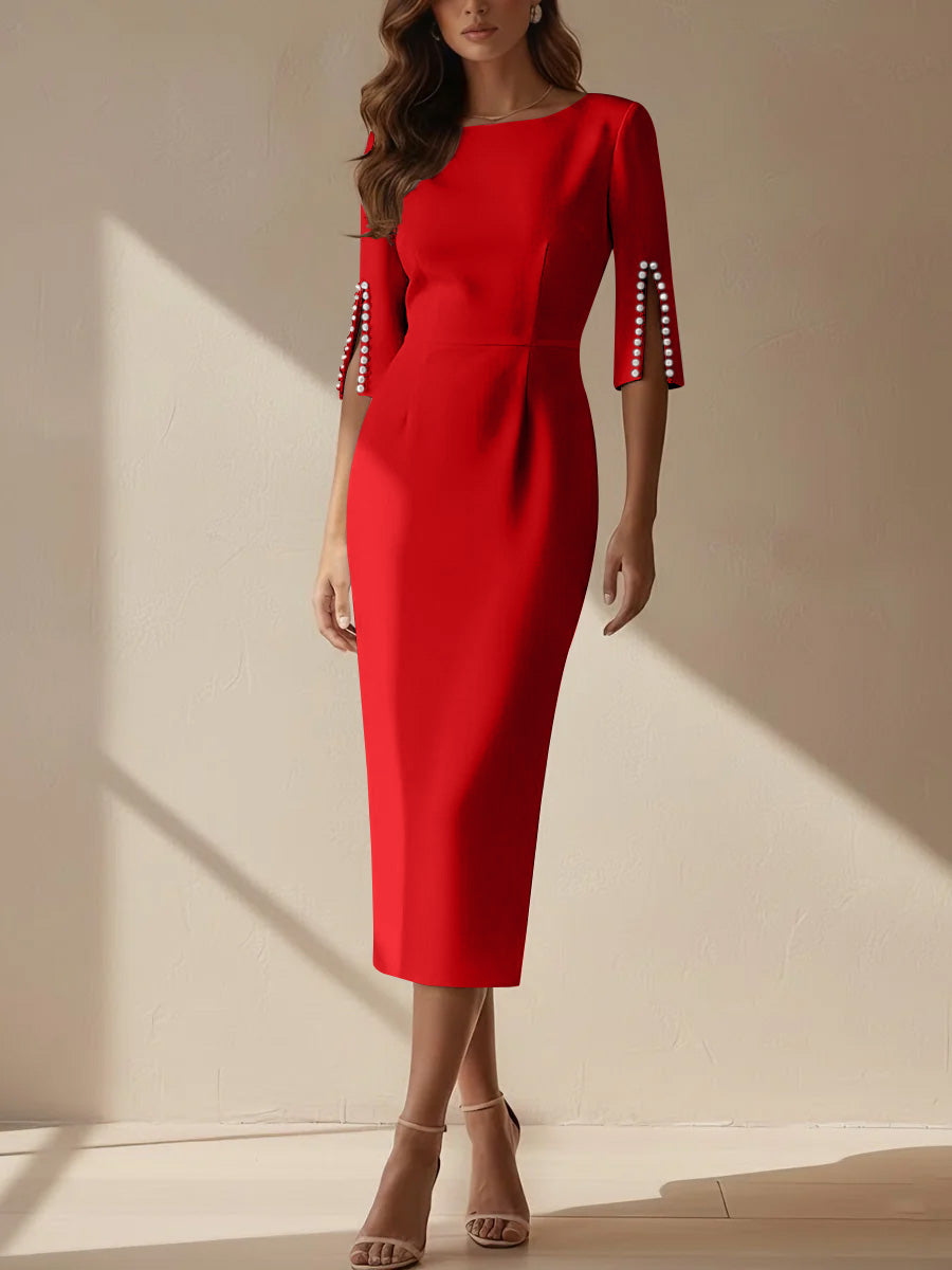 Sheath/Column Scoop Stretch Satin Cocktail Dresses Tea-Length Half Sleeves Formal Dress