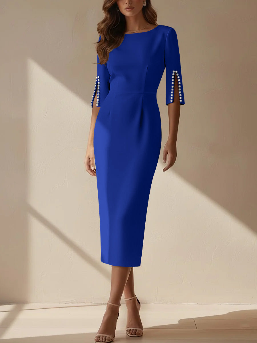 Sheath/Column Scoop Stretch Satin Cocktail Dresses Tea-Length Half Sleeves Formal Dress