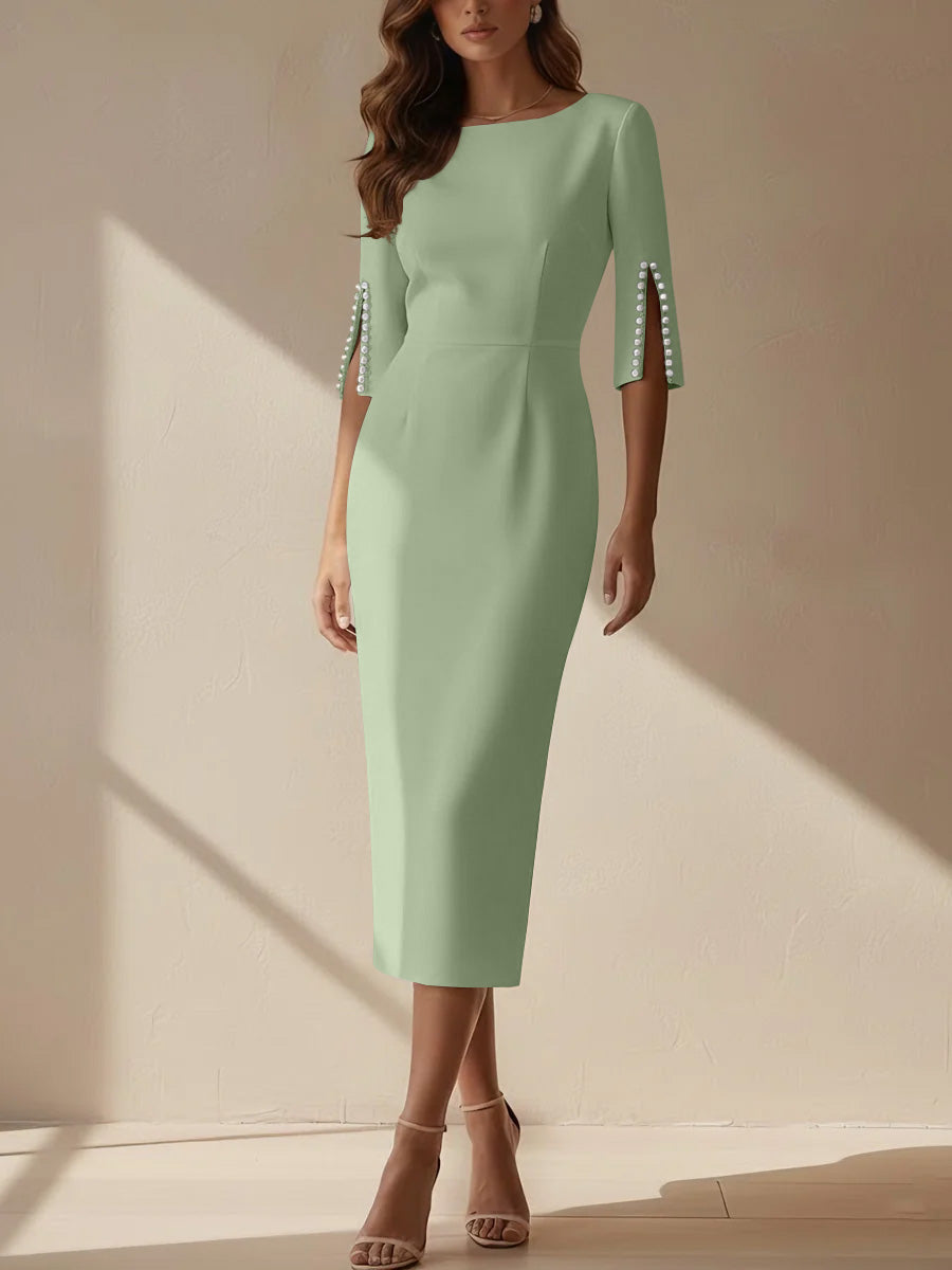 Sheath/Column Scoop Stretch Satin Cocktail Dresses Tea-Length Half Sleeves Formal Dress