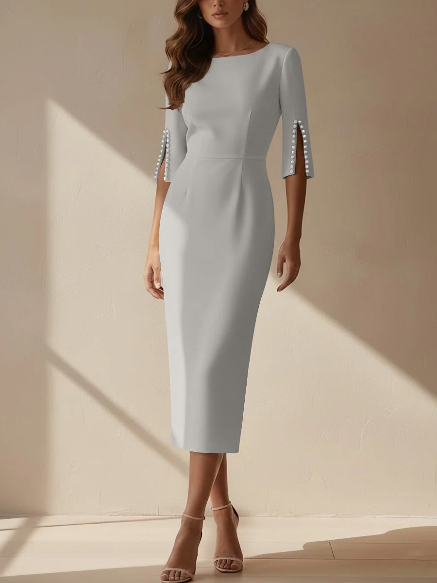 Sheath/Column Scoop Stretch Satin Cocktail Dresses Tea-Length Half Sleeves Formal Dress