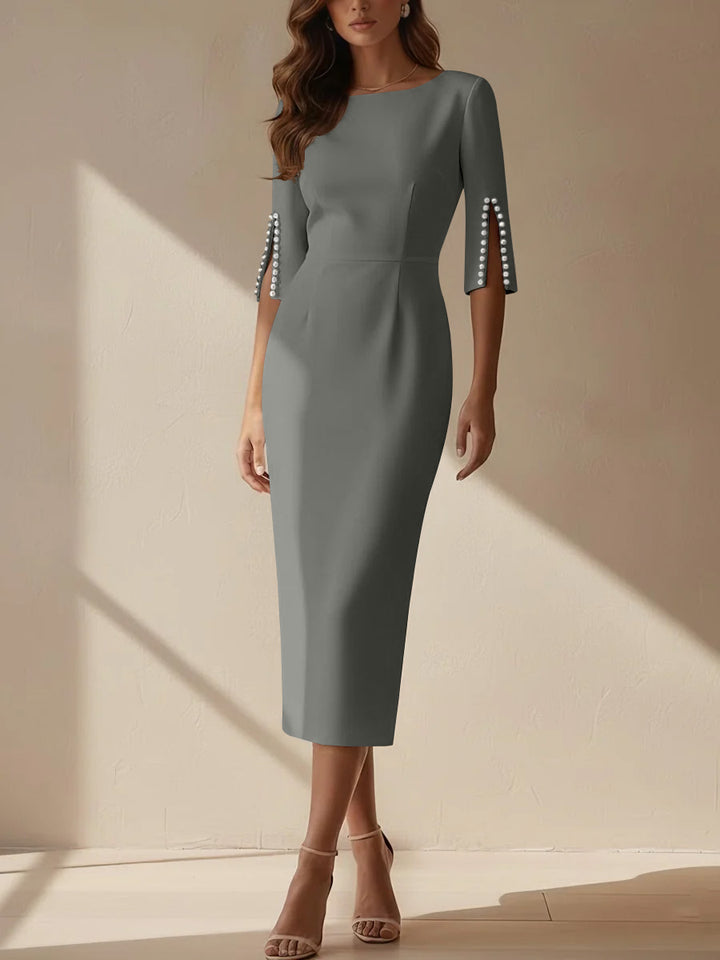 Sheath/Column Scoop Stretch Satin Cocktail Dresses Tea-Length Half Sleeves Formal Dress