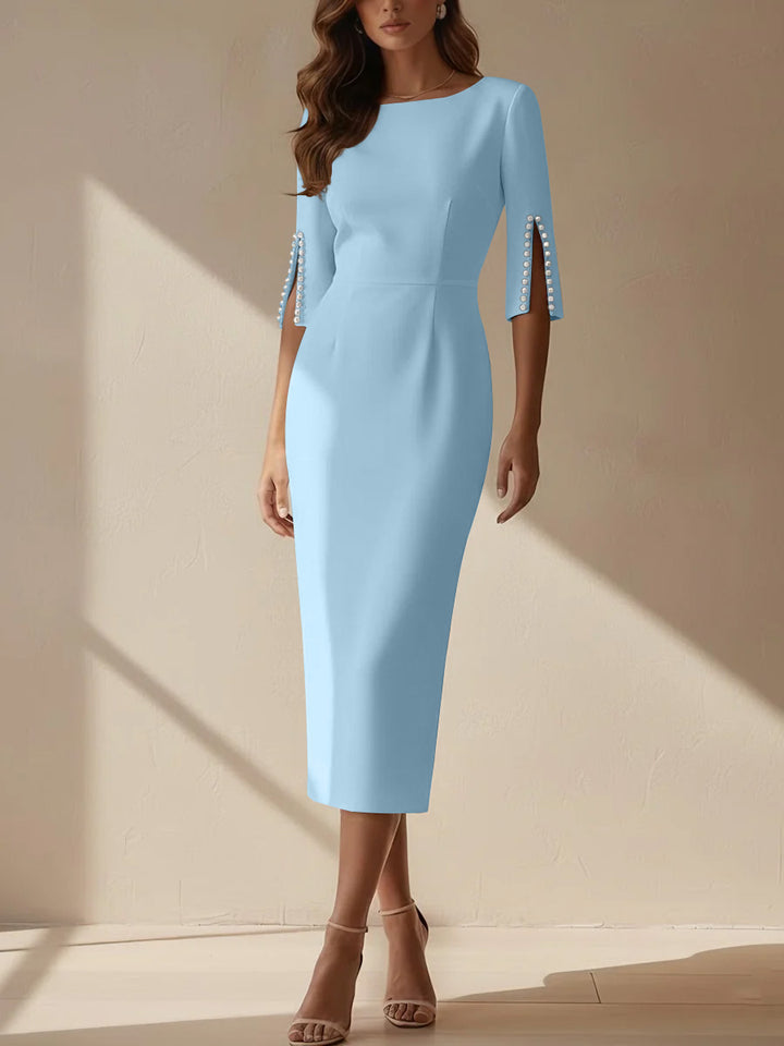 Sheath/Column Scoop Stretch Satin Cocktail Dresses Tea-Length Half Sleeves Formal Dress