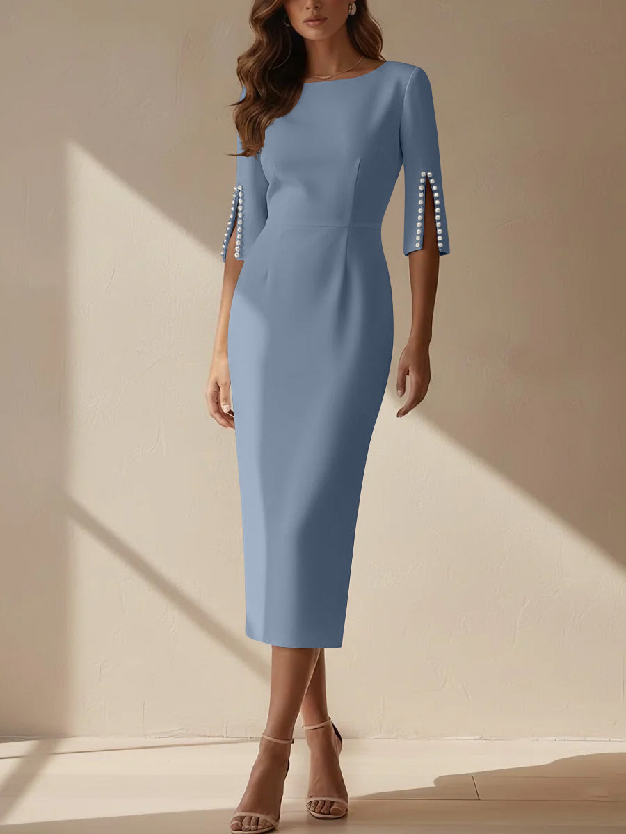 Sheath/Column Scoop Stretch Satin Cocktail Dresses Tea-Length Half Sleeves Formal Dress